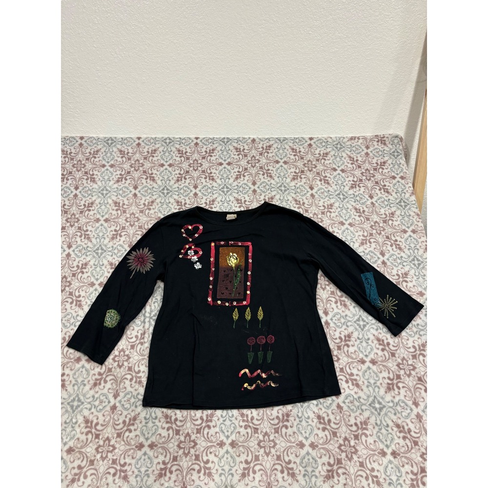 Jess & Jane Black Cotton Embroidered Sequin Tulip Art Top 3/4 Sleeve Large 14-18